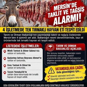 Mersin’de Taklit ve Tağşiş Alarmı: 4 İşletmede Tek Tırnaklı Eti Tespit Edildi