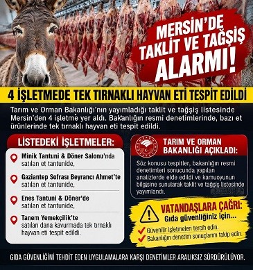 Mersin’de Taklit ve Tağşiş Alarmı: 4 İşletmede Tek Tırnaklı Eti Tespit Edildi