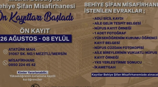 Mezitli Belediyesi Behiye Şifan Misafirhanesi Ön Kayıtlarını Başlattı
